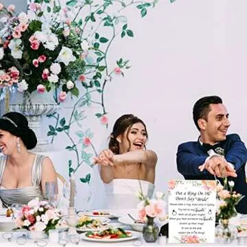 Woanger Put a Ring on It Bridal Shower Game with 50 Fake Rings, Rustic Greenery Theme Wedding Shower Games Wedding and Engagement Rings and Not Say Bride Rules Cards(Flowers,Silver)