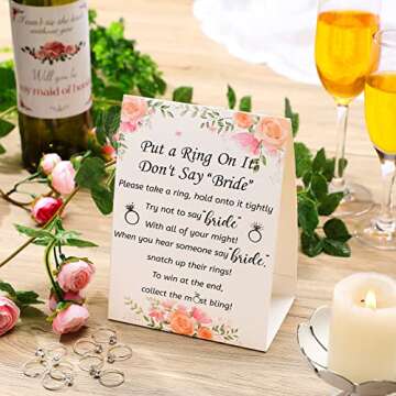 Woanger Put a Ring on It Bridal Shower Game with 50 Fake Rings, Rustic Greenery Theme Wedding Shower Games Wedding and Engagement Rings and Not Say Bride Rules Cards(Flowers,Silver)