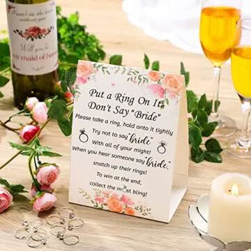 Woanger Put a Ring on It Bridal Shower Game with 50 Fake Rings, Rustic Greenery Theme Wedding Shower Games Wedding and Engagement Rings and Not Say Bride Rules Cards(Flowers,Silver)
