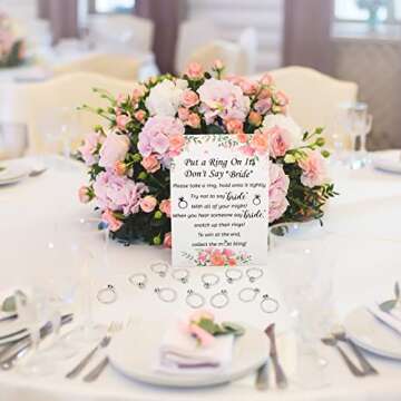 Woanger Put a Ring on It Bridal Shower Game with 50 Fake Rings, Rustic Greenery Theme Wedding Shower Games Wedding and Engagement Rings and Not Say Bride Rules Cards(Flowers,Silver)