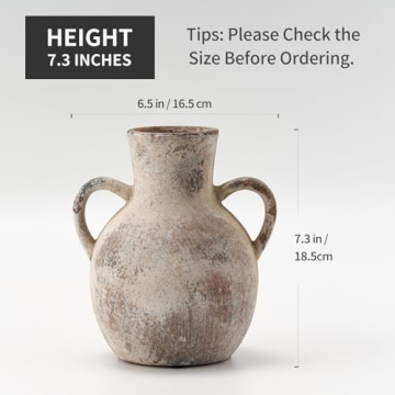 SIDUCAL Rustic Ceramic Farmhouse Flower Vase with 2 Handles, Whitewashed Terra Cotta Vase, Decorative Pottery Flower Vase for Home Decor, Table, Living Room, Shelf Decor, 7.3 Inch, Terra