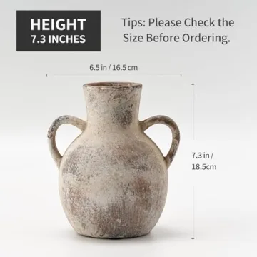 SIDUCAL Rustic Ceramic Farmhouse Flower Vase with 2 Handles, Whitewashed Terra Cotta Vase, Decorative Pottery Flower Vase for Home Decor, Table, Living Room, Shelf Decor, 7.3 Inch, Terra