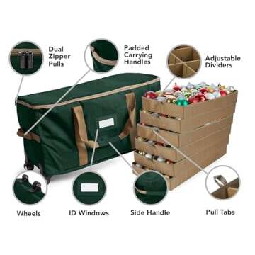 Covermates Keepsakes Rolling Adjustable Ornament Storage Bag - Carrying Handles, Padded Protection, Dual Wheels - Holiday Storage, Green