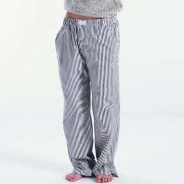 HOXIJIA Women Casual Striped Print Long Pants Elastic High Waist Loose Fit Straight Wide Leg Trouser...