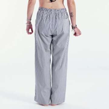 HOXIJIA Women Casual Striped Print Long Pants Elastic High Waist Loose Fit Straight Wide Leg Trousers Y2K Streetwear