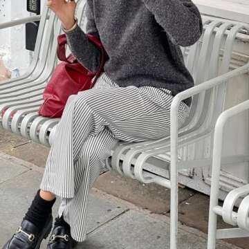 HOXIJIA Women Casual Striped Print Long Pants Elastic High Waist Loose Fit Straight Wide Leg Trousers Y2K Streetwear