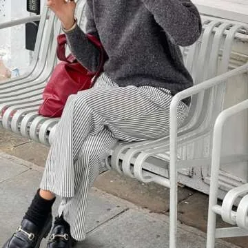 HOXIJIA Women Casual Striped Print Long Pants Elastic High Waist Loose Fit Straight Wide Leg Trousers Y2K Streetwear