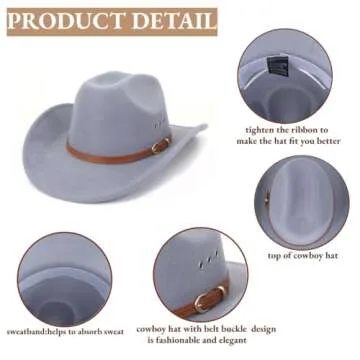 LIDHAY Cowboy Hat for Women and Men Felt Wide Brim Classic Outdoor Fedora Hats Western Cowboy Cowgirl Hats with Belt Buckle 3 Light Gray