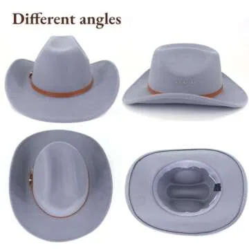 LIDHAY Cowboy Hat for Women and Men Felt Wide Brim Classic Outdoor Fedora Hats Western Cowboy Cowgirl Hats with Belt Buckle 3 Light Gray