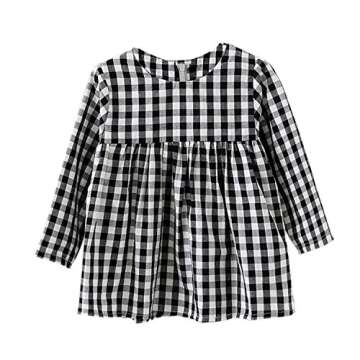BOBORA Little Kids Baby Girls Long Sleeve Dress White and Black Plaid Tunic Dress