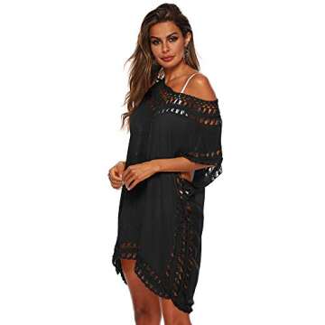 SIAEAMRG Swimsuit Cover Ups for Women, V Neck Hollow Out Swim Coverup Crochet Chiffon Summer Beach Cover Up Dress (Black, One-Size)