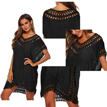 SIAEAMRG Swimsuit Cover Ups for Women, V Neck Hollow Out Swim Coverup Crochet Chiffon Summer Beach Cover Up Dress (Black, One-Size)