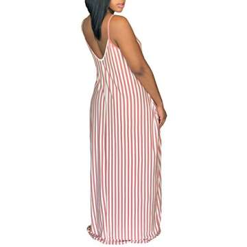 Women's Casual Stripe Long Maxi Dresses with Pockets Spaghetti Strap Sleeveless Loose Beach Sundress