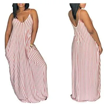 Women's Casual Stripe Long Maxi Dresses with Pockets Spaghetti Strap Sleeveless Loose Beach Sundress