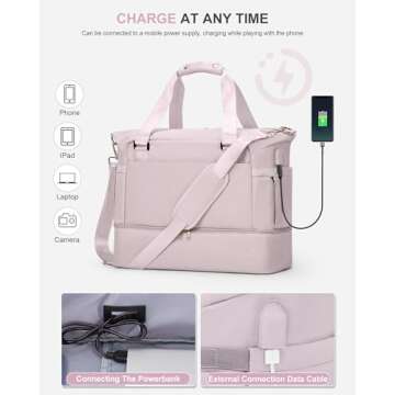 Weekender Bags for Women, Travel Duffel with Shoe Compartment USB Charging, Carry On Gym Duffle Bag with Wet Pocket, Personal Item Overnight Tote Bag for Airlines, Lotus Pink