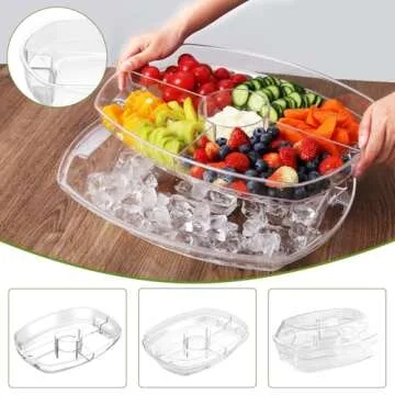 IVYHOME Fruit Ice Serving Tray, Chilled Veggie Tray, Shrimp Cocktail Serving Dish, Appetizer Serving Platter for Parties, with Lid and 4 Compartments