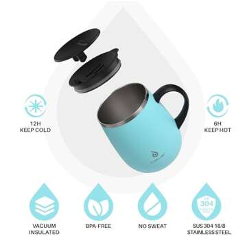 Ideus 16 oz Insulated Coffee Mug with Handle and Lid, Double Wall Stainless Steel Vacuum Insulated T...