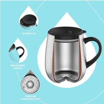 Ideus 16 oz Insulated Coffee Mug with Handle and Lid, Double Wall Stainless Steel Vacuum Insulated Tumbler Cup, Travel Coffee Cup Thermal Cup for Home and Office (Sky Blue)