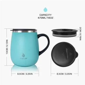 Ideus 16 oz Insulated Coffee Mug with Handle and Lid, Double Wall Stainless Steel Vacuum Insulated Tumbler Cup, Travel Coffee Cup Thermal Cup for Home and Office (Sky Blue)