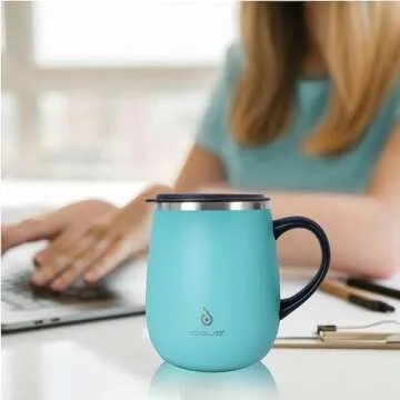 Ideus 16 oz Insulated Coffee Mug with Handle and Lid, Double Wall Stainless Steel Vacuum Insulated Tumbler Cup, Travel Coffee Cup Thermal Cup for Home and Office (Sky Blue)