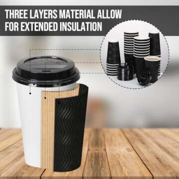 BYSNOW 16oz Coffee Cups with Lids, 100 Pack Insulated Ripple Paper Cups, Disposable Coffee Cups for Water, Juice, Coffee (Black 16oz)