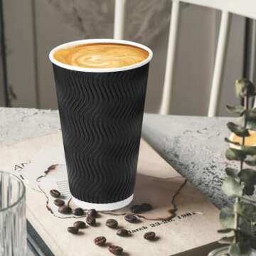 BYSNOW 16oz Coffee Cups with Lids, 100 Pack Insulated Ripple Paper Cups, Disposable Coffee Cups for Water, Juice, Coffee (Black 16oz)