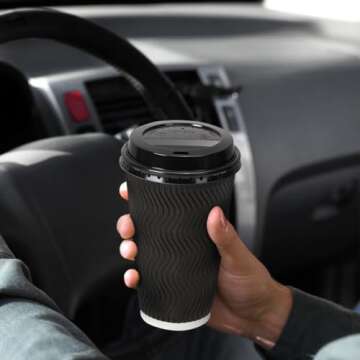 BYSNOW 16oz Coffee Cups with Lids, 100 Pack Insulated Ripple Paper Cups, Disposable Coffee Cups for Water, Juice, Coffee (Black 16oz)
