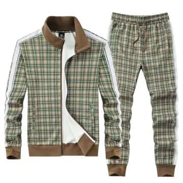 ANOTWENER Track Suits for Men Set 2 Piece Sweat Suits Plaid Tracksuit Men Outfits Sets Sweat Jackets Walking Suits Jogging Jogger Set Green JW-2601-XL
