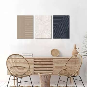 Bwodke Framed Neutral Abstract Wall Art Modern Minimalist Line Canvas Poster Prints Set of 3 Boho Br...