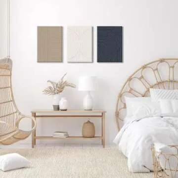 Bwodke Framed Neutral Abstract Wall Art Modern Minimalist Line Canvas Poster Prints Set of 3 Boho Brown Beige Dark Blue Geometric Decor Picture Painting Living Room Bedroom Office