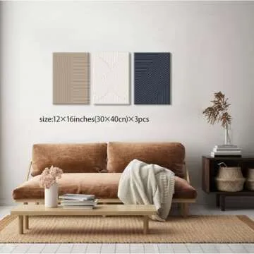 Bwodke Framed Neutral Abstract Wall Art Modern Minimalist Line Canvas Poster Prints Set of 3 Boho Brown Beige Dark Blue Geometric Decor Picture Painting Living Room Bedroom Office