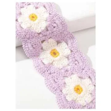 Verdusa Women's Floral Crochet Head Scarf Knitted Tie Hair Bandana Headband Head Kerchief Purple One-Size