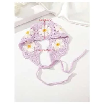 Verdusa Women's Floral Crochet Head Scarf Knitted Tie Hair Bandana Headband Head Kerchief Purple One-Size