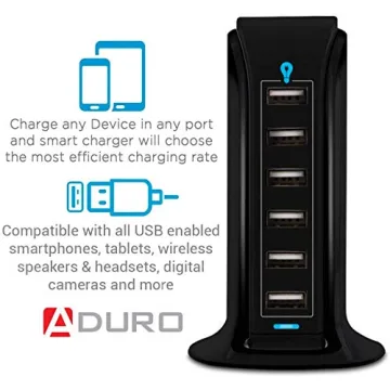 Aduro 40W 6-Port USB Desktop Charging Station Hub Wall Charger for iPhone iPad Tablets Smartphones with Smart Flow (Black)