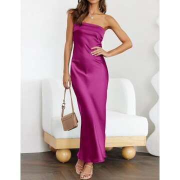 MEROKEETY Women 2024 Summer Strapless Satin Tube Bodycon Backless Wedding Guest Maxi Dress Eggplant Medium