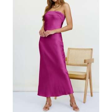 MEROKEETY Women 2024 Summer Strapless Satin Tube Bodycon Backless Wedding Guest Maxi Dress Eggplant Medium