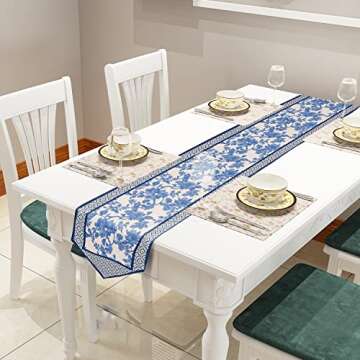 Blue Table Runner 13x70 Inches Long Polyester Chinoiserie Vintage Style Design Floral Table Runner S...
