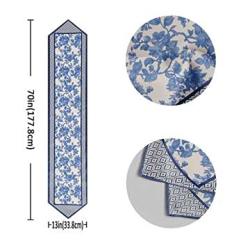Blue Table Runner 13x70 Inches Long Polyester Chinoiserie Vintage Style Design Floral Table Runner Suitable for Holiday Party & Wedding & Kitchen & Dining Room Tables Decor