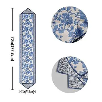 Blue Table Runner 13x70 Inches Long Polyester Chinoiserie Vintage Style Design Floral Table Runner Suitable for Holiday Party & Wedding & Kitchen & Dining Room Tables Decor