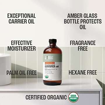 J MAC BOTANICALS Organic Fractionated Coconut Oil (16 Ounce Glass Bottle) Organic Carrier Oil and for DIluting Essential Oils, Moisturizer, Hair Care