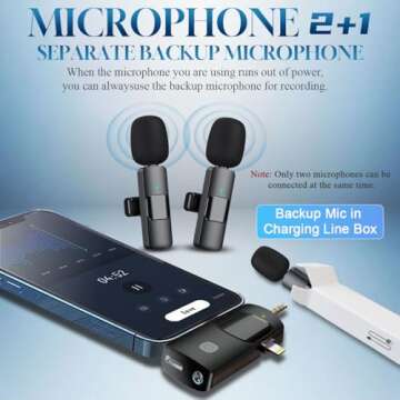 3 in 1 Wireless Lavalier Microphone for iPhone, iPad, Android, Camera,12-Hour Battery, mini Noise Re...