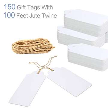 150 PCS Kraft Paper Gift Tags with 100 Feet Natural Jute Twine String for Arts Crafts Packaging (Whi...