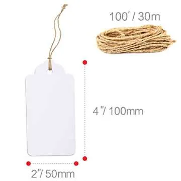 150 PCS Kraft Paper Gift Tags with 100 Feet Natural Jute Twine String for Arts Crafts Packaging (White,Label Measures 4” X 2”)