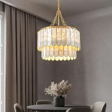 Weibath 5-Light Chandelier Shell 2 Tiered Faceted Gold Chandeliers for Dining Room Modern Pendant Li...