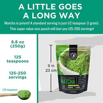Jade Leaf Matcha Organic Green Tea Powder - Culinary Grade Premium Second Harvest - Authentic Japanese Origin (8.8 Ounce Bulk Resealable Pouch)