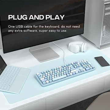 Atelus USB Wired Computer Keyboard - Retro Typewriter Keyboard - Full Size Office Keyboard with Number Pad, Caps Indicators, Foldable Stands, for PC Laptop Desktop Windows (Blue Colorful)
