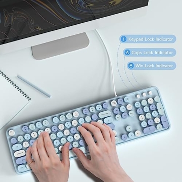 Atelus USB Wired Computer Keyboard - Retro Typewriter Keyboard - Full Size Office Keyboard with Number Pad, Caps Indicators, Foldable Stands, for PC Laptop Desktop Windows (Blue Colorful)