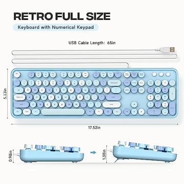 Atelus USB Wired Computer Keyboard - Retro Typewriter Keyboard - Full Size Office Keyboard with Number Pad, Caps Indicators, Foldable Stands, for PC Laptop Desktop Windows (Blue Colorful)