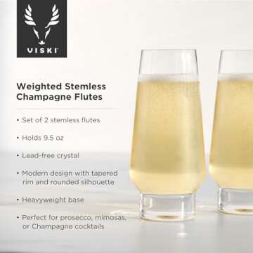 Viski Weighted Stemless Champagne Flutes - Modern Crystal Wine Martini Mimosa Cocktail Glasses Round...