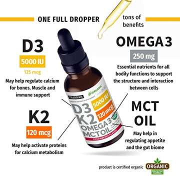 (2 Pack) Organic Vitamin D3 K2 Drops 5000 IU with MCT Oil Omega 3 - Maximum Strength Liquid D3 with No Fillers, Non-GMO for Faster Absorption, Immune Support (Strawberry, 2 Fl Oz)